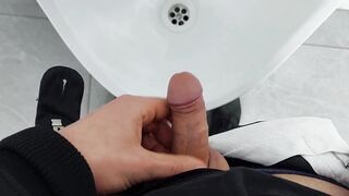 Nasty teenage stud does a public exhibition and jerkoff at boy's TOILET