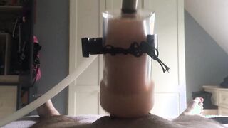 Stroked at length with gag and jizz drinking