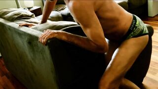 Clamps From Spreading Goods And Back In Digitial Camo Boxers with Swelling On Bed