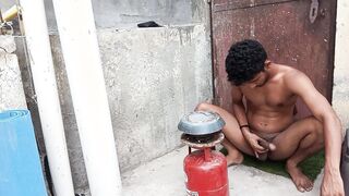 Indian Fellow Naked Masterbating Jism While Making His Meal On Terrace