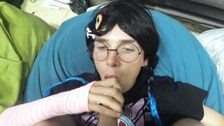 Pummeled uber-cute trap venti and jizm on face and glasses with good-sized jizz